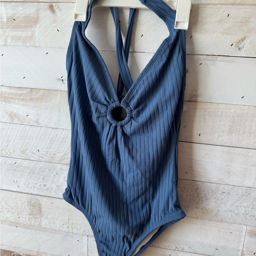 Kona Sol Blue Ribbed One-Piece Swimsuit with V-Neck
